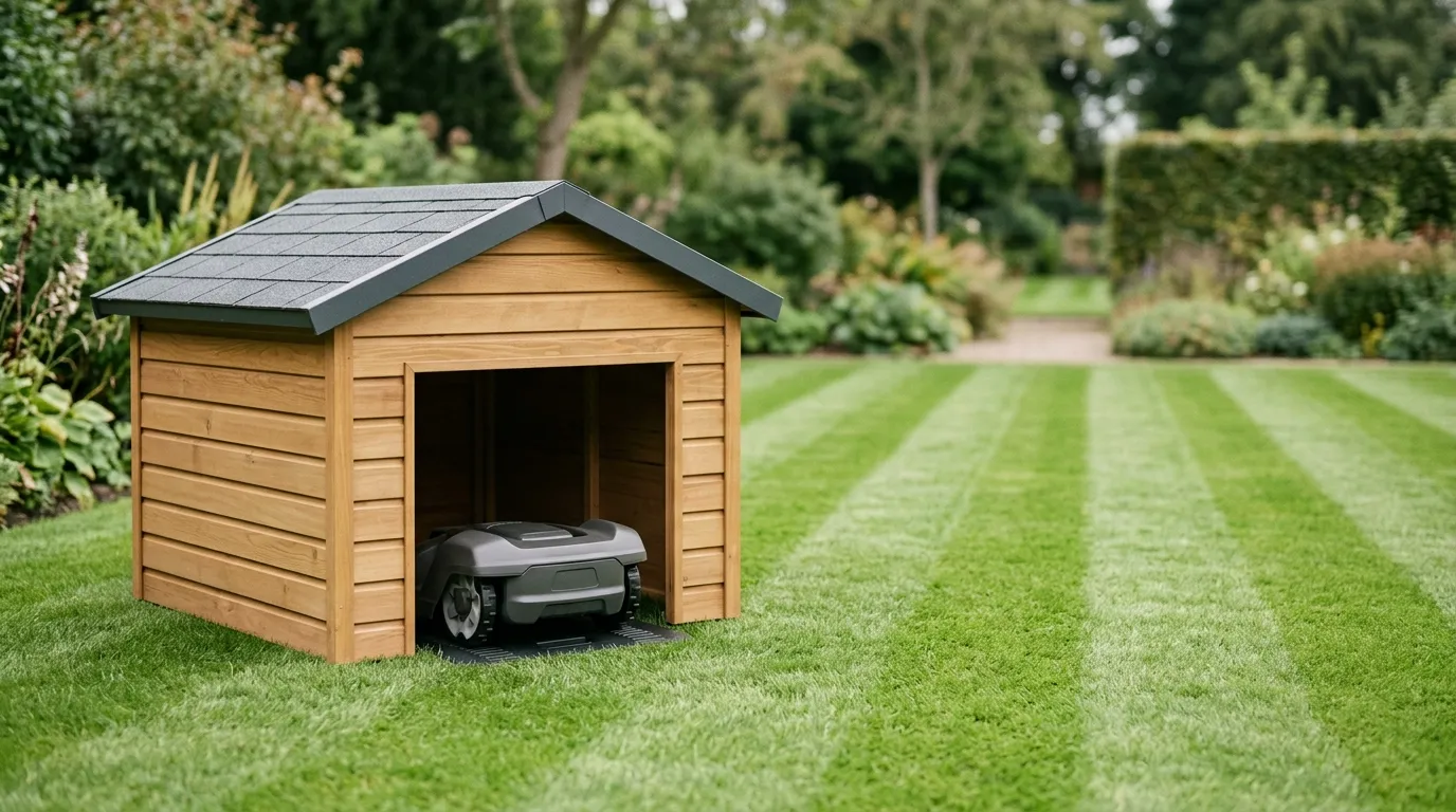 Holzgarage für einen Mähroboter auf einem gemähten Rasen, seitlich offene Einfahrt