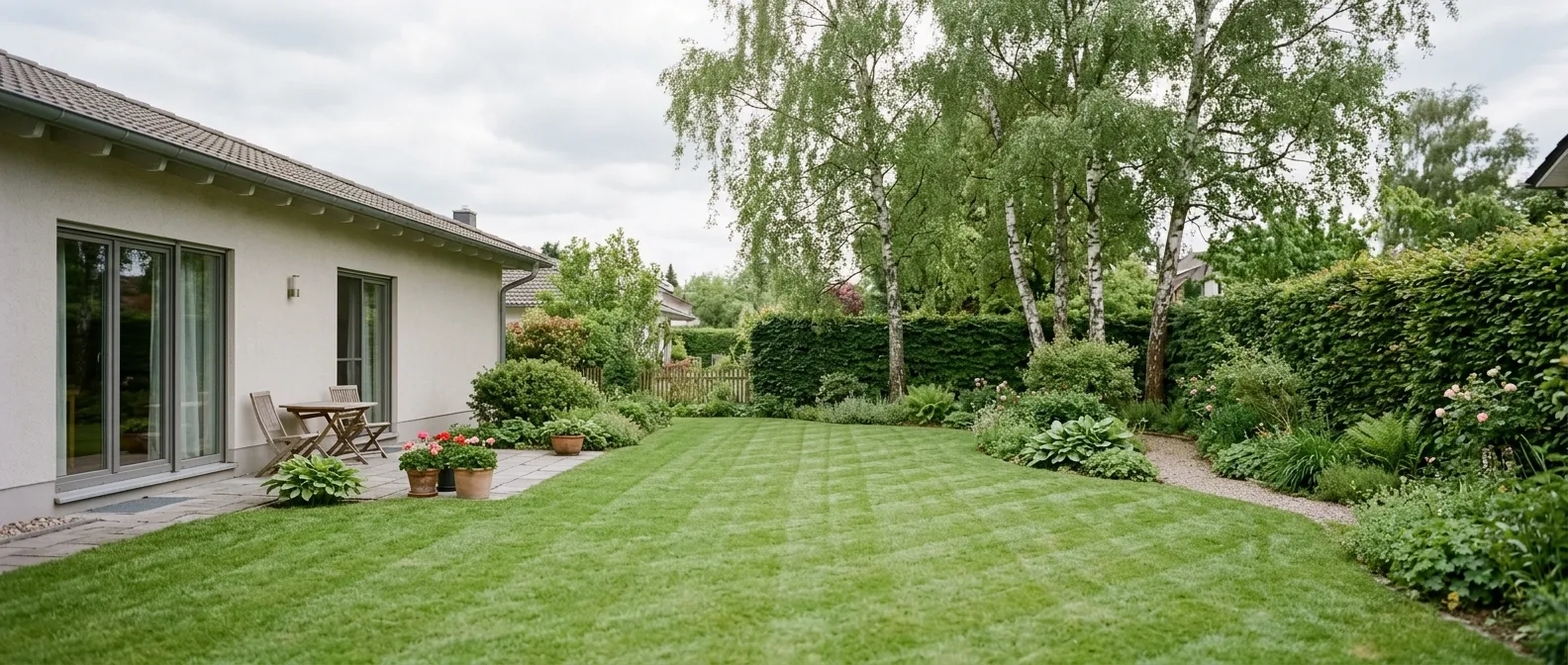 Frisch gemähter Rasen in einem deutschen Garten mit Hecke und Birken